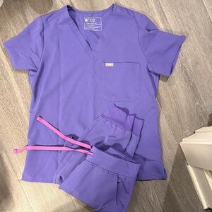 FIGS Vivid Purple Scrub Set with Pink Accents